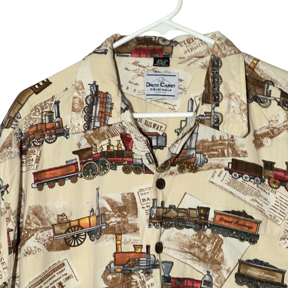 David Carey Originals Mens 2XL Train Locomotive Railway Print Camp Shirt Tan